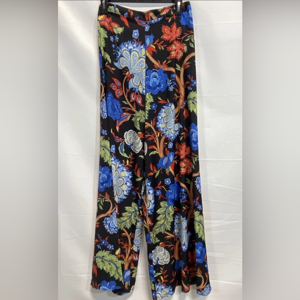 Alice + Olivia Black Wide-Leg Floral Trousers with Blue & Red Accents